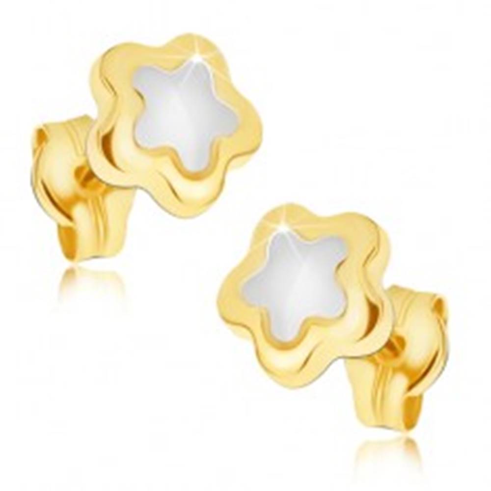 Šperky eshop Lesklé náušnice zo zlata 14K - päťlupeňový dvojfarebný kvietok