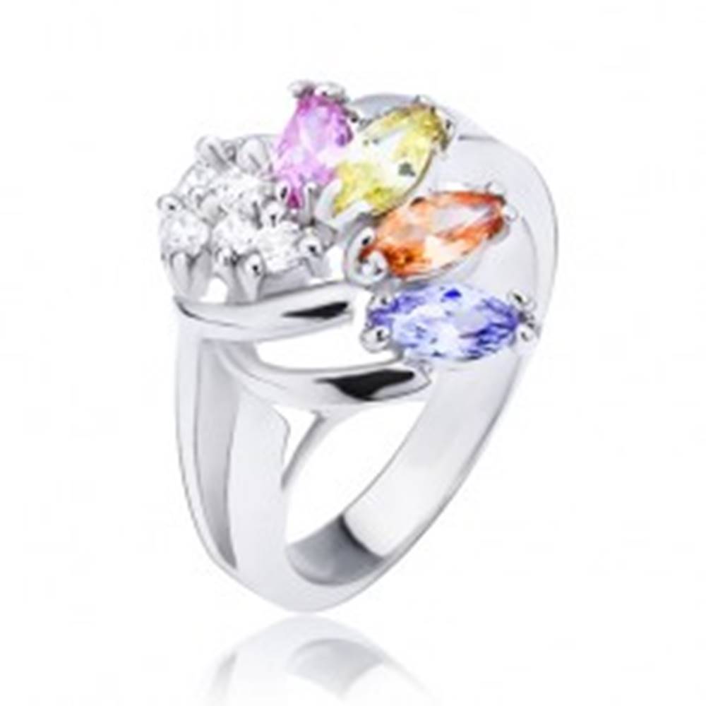 Šperky eshop Lesklý prsteň striebornej farby, vejár z farebných a čírych zirkónov - Veľkosť: 51 mm