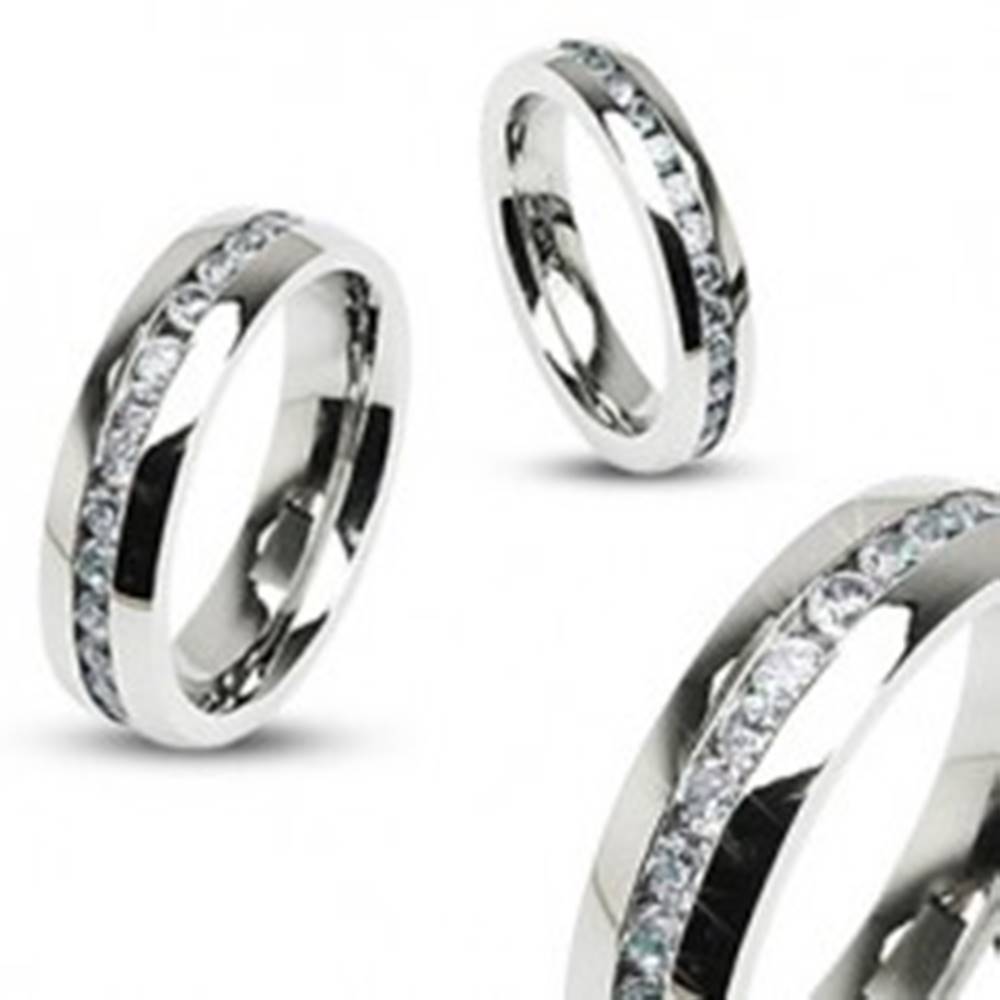Šperky eshop Obrúčka z ocele, strieborná farba, súvislá línia čírych zirkónov po obvode, 6 mm - Veľkosť: 49 mm
