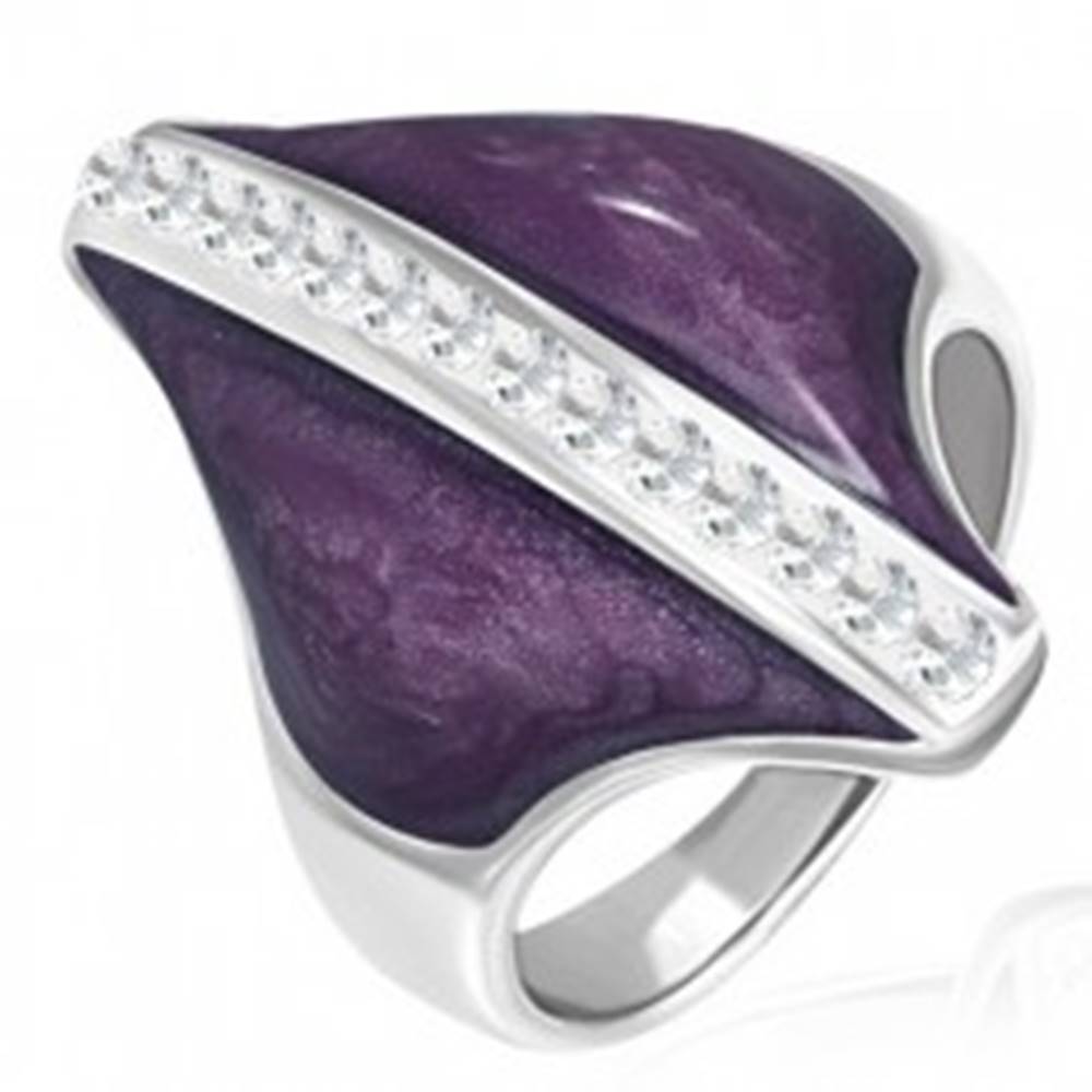 Šperky eshop Oceľový prsteň - fialový kosoštvorec, zirkónový pás - Veľkosť: 51 mm