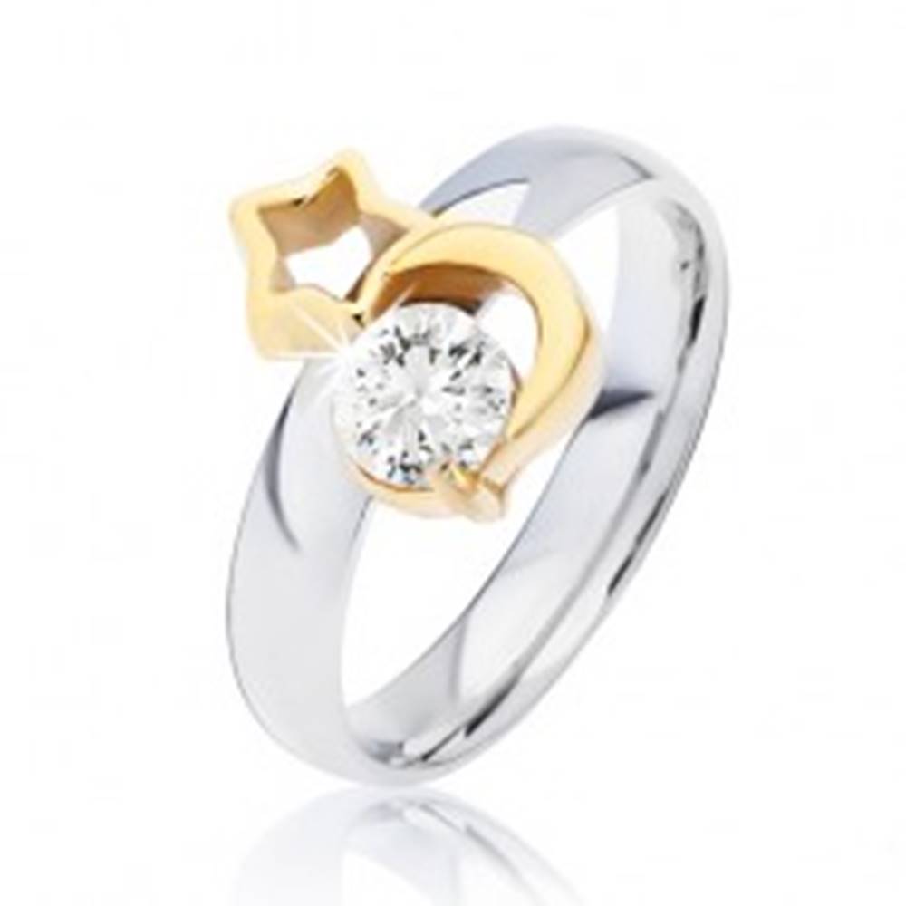 Šperky eshop Oceľový prsteň striebornej farby, mesiac zlatej farby, obrys hviezdy a číry zirkón - Veľkosť: 49 mm