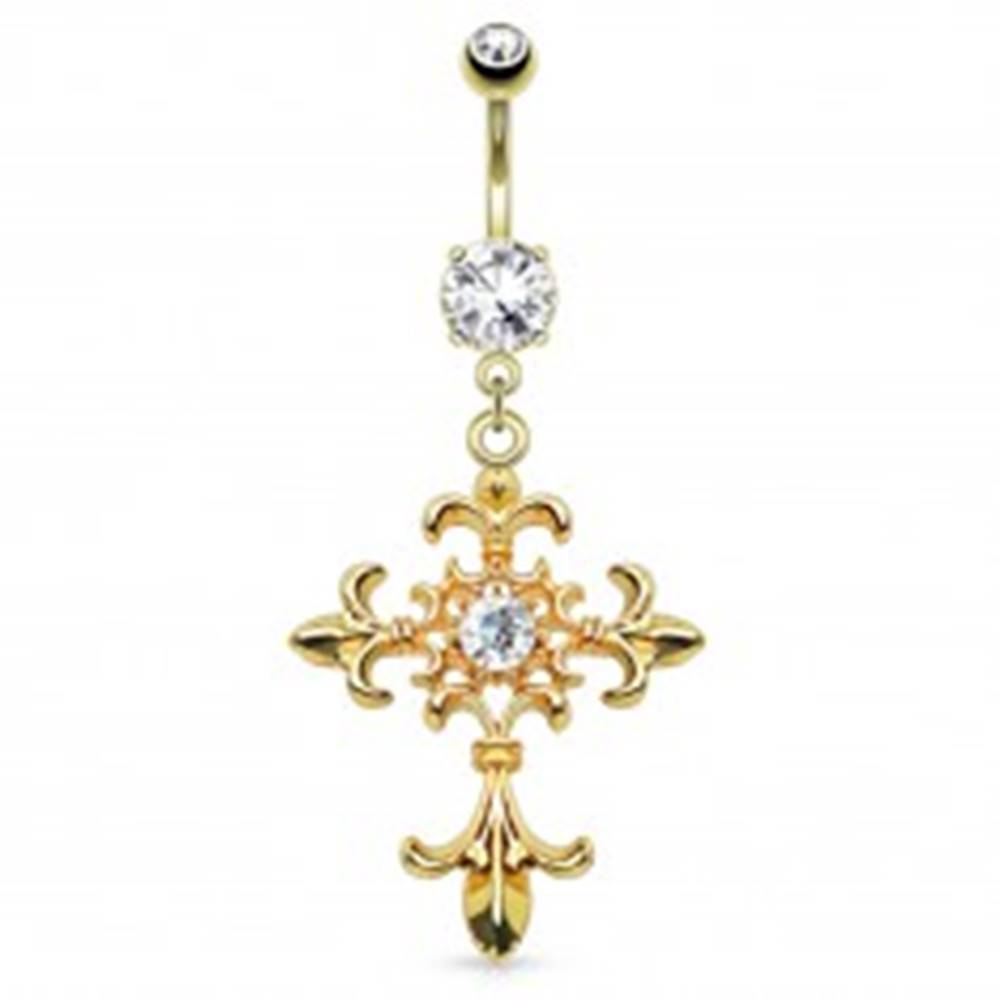 Šperky eshop Piercing do bruška z ocele 316L, zlatá farba, ľaliový kríž, zirkóny