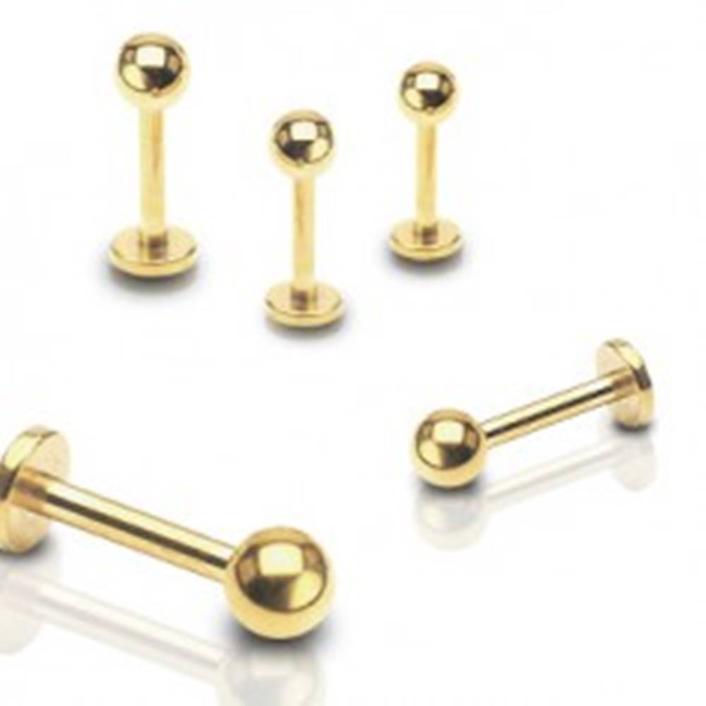 Šperky eshop Piercing do pery, brady a nad peru z ocele 316L, zlatá farba, lesklá gulička - Rozmer: 1,2 mm x 10 mm x 3 mm