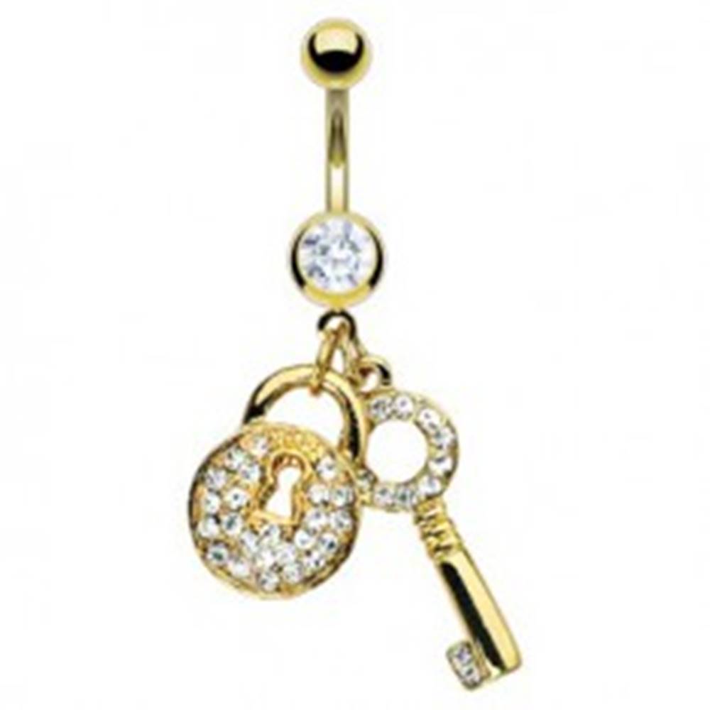 Šperky eshop Piercing do pupka zlatej farby - kľúč a zirkónová kladka