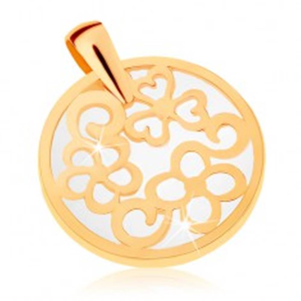 Šperky eshop Prívesok zo žltého 9K zlata - kontúra kruhu s ornamentami, perleťový podklad