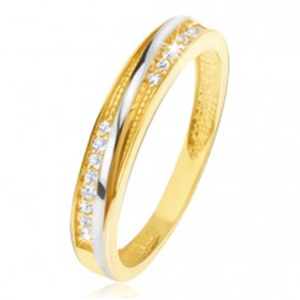 Šperky eshop Prsteň v žltom 14K zlate - ozdobné trojuholníkové zárezy, zirkóny - Veľkosť: 48 mm