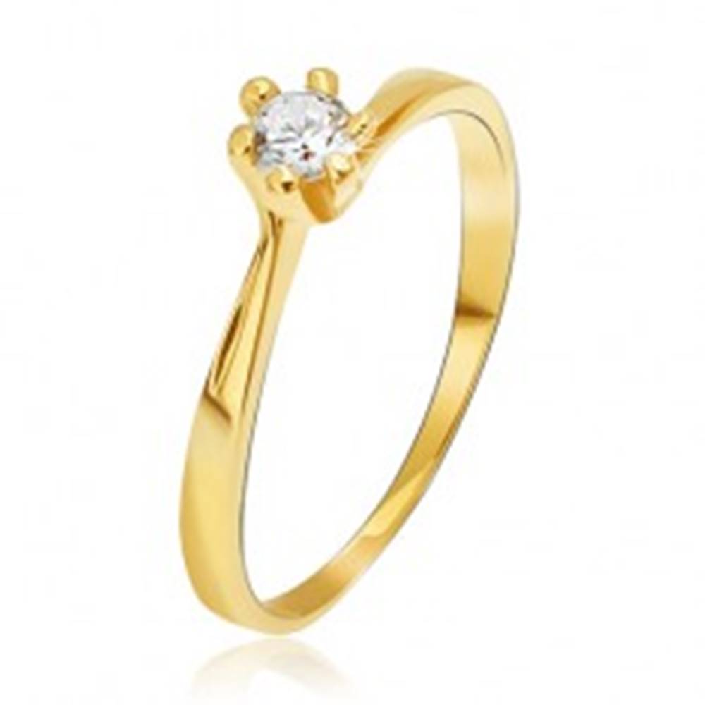 Šperky eshop Prsteň zo žltého 14K zlata - zúžené ramená pri kotlíku, okrúhly kamienok - Veľkosť: 49 mm