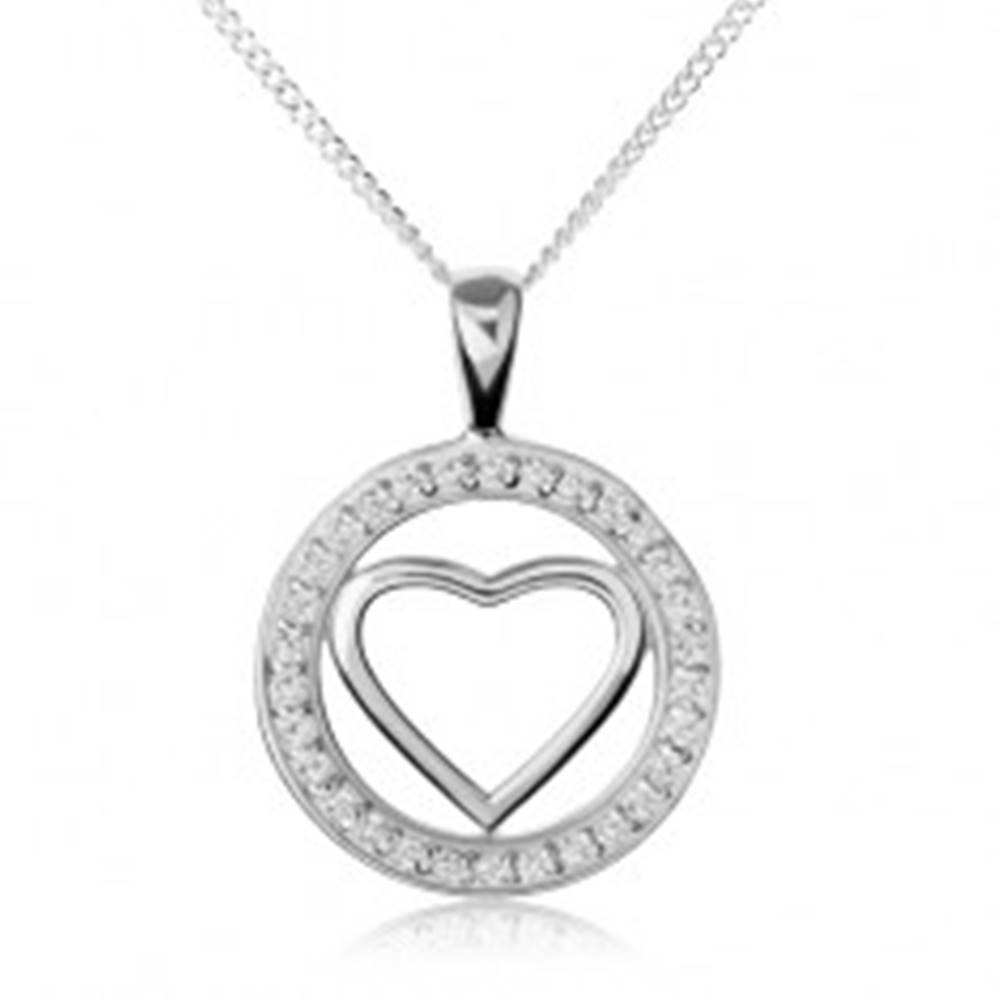 Šperky eshop Strieborný náhrdelník 925, lesklá kontúra srdca v zirkónovej obruči