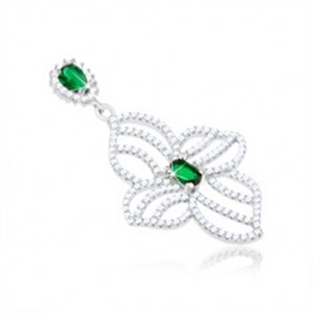 Šperky eshop Strieborný prívesok 925, obrys nesúmerného kvetu, číre a zelené zirkóniky