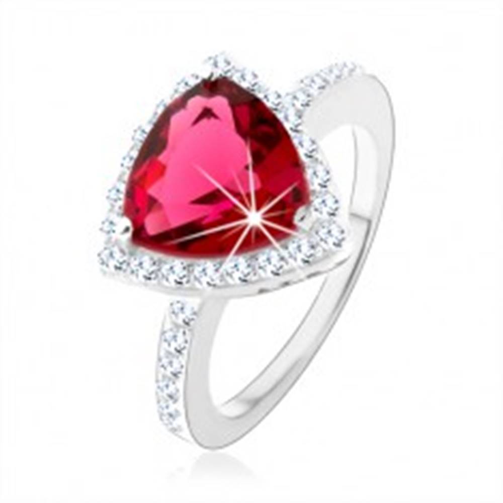 Šperky eshop Strieborný prsteň 925, trojuholník, ružový zirkón, ligotavý lem, výrezy - Veľkosť: 48 mm