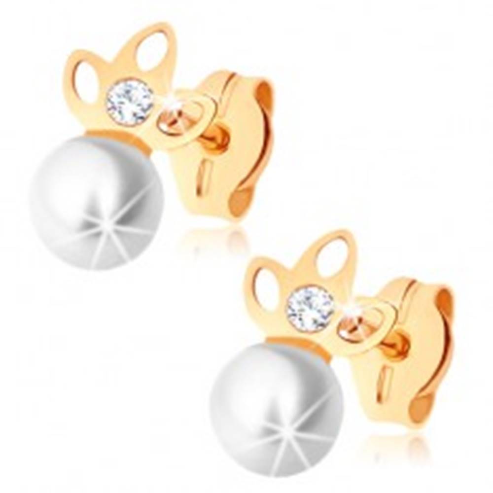 Šperky eshop Zlaté náušnice 375 - perla bielej farby, zašpicatený trojlístok s výrezmi