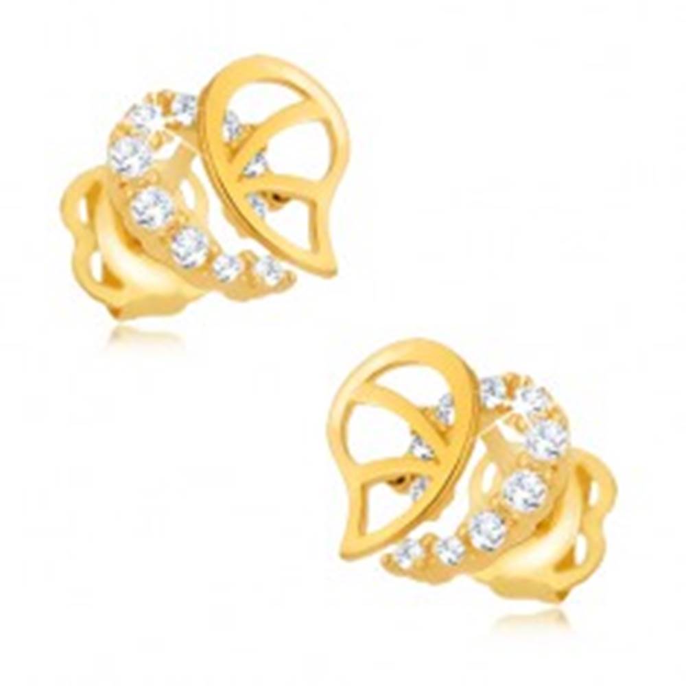 Šperky eshop Briliantové náušnice, 14K zlato - nepravidelná kontúra srdca s diamantmi a výrezmi