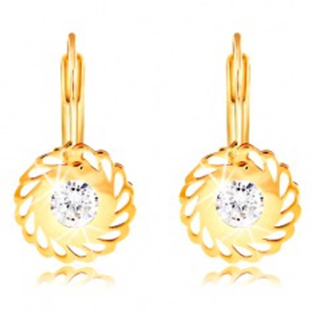 Šperky eshop Náušnice v žltom 14K zlate - kvet so slzičkovými výrezmi a čírym zirkónom