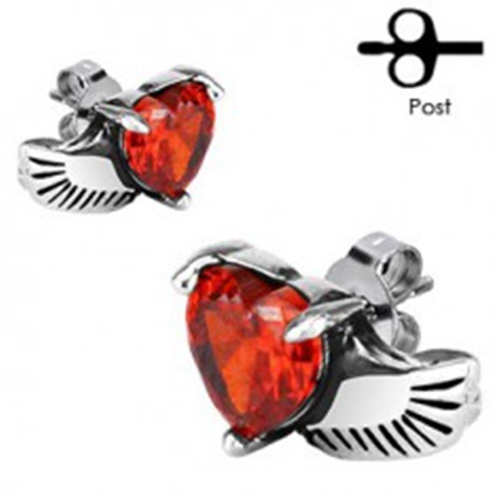 Šperky eshop Náušnice z chirurgickej ocele - anjelské krídlo, červené srdce