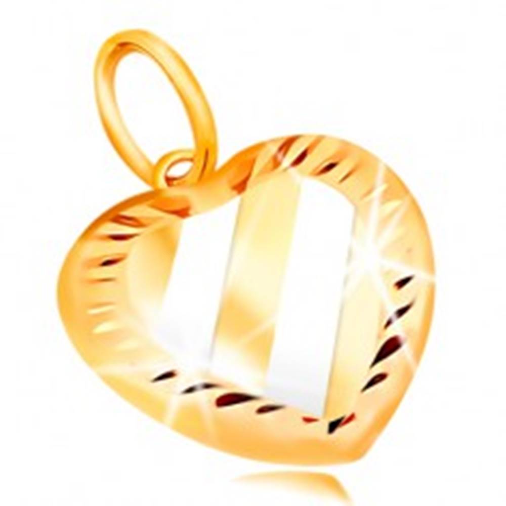 Šperky eshop Prívesok v 14K zlate - dvojfarebné srdce so šikmými pásmi a zárezmi po obvode