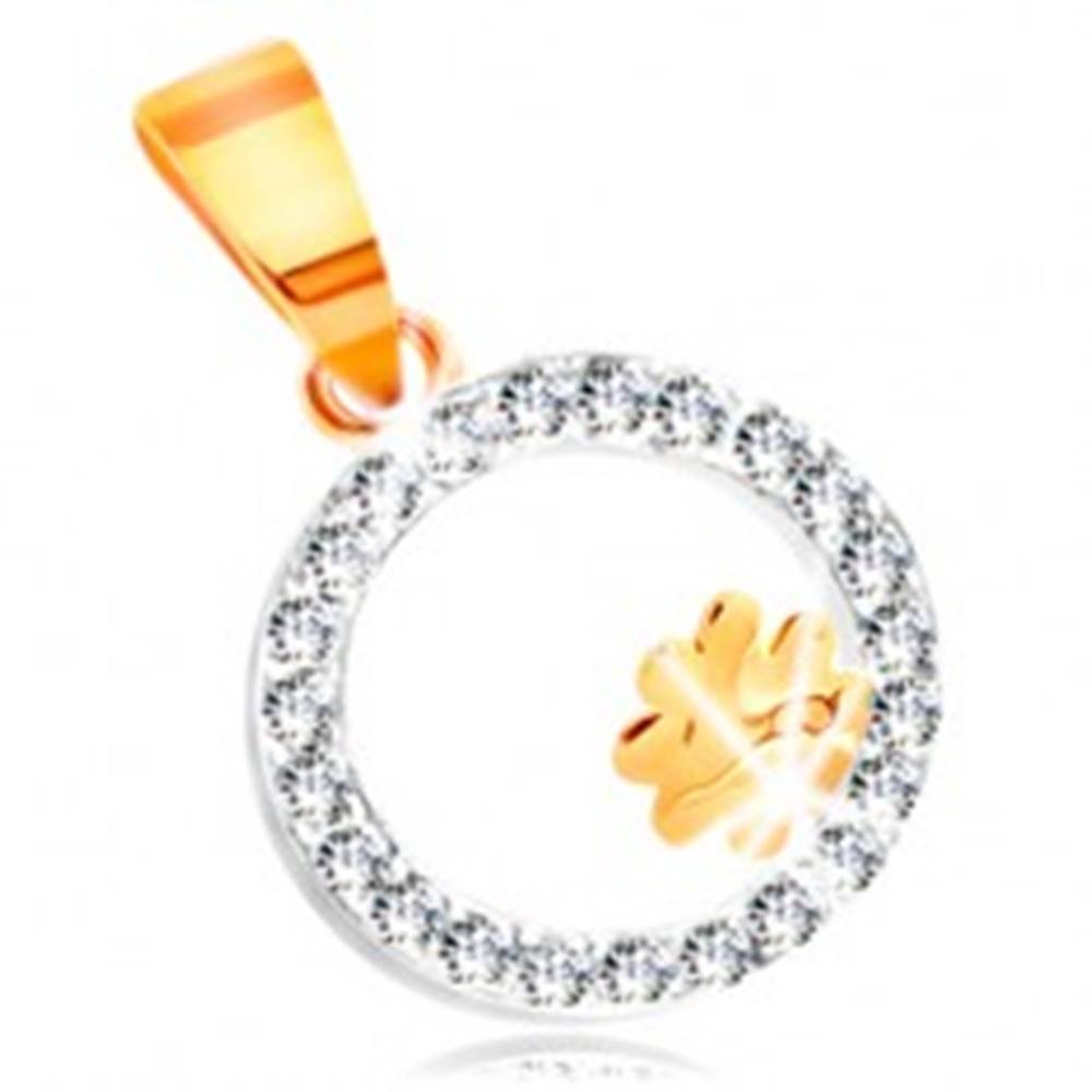Šperky eshop Prívesok z kombinovaného 14K zlata - štvorlístok v obruči z čírych zirkónov