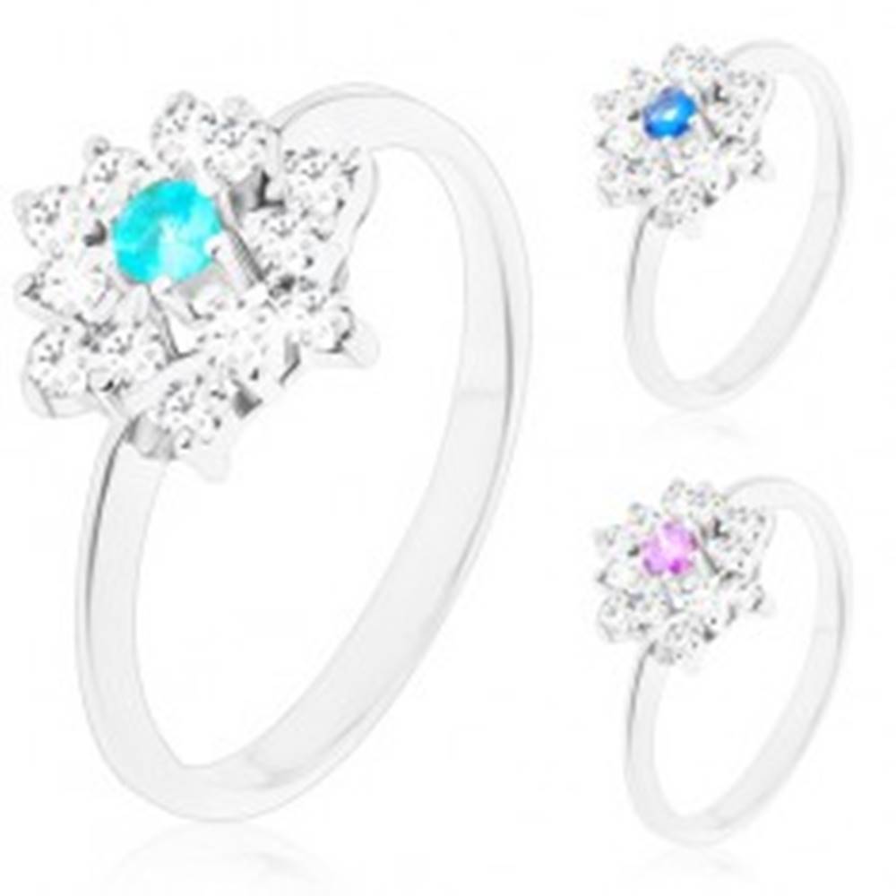 Šperky eshop Prsteň striebornej farby, žiarivý zirkónový kvet s farebným stredom - Veľkosť: 54 mm, Farba: Modrá tmavá