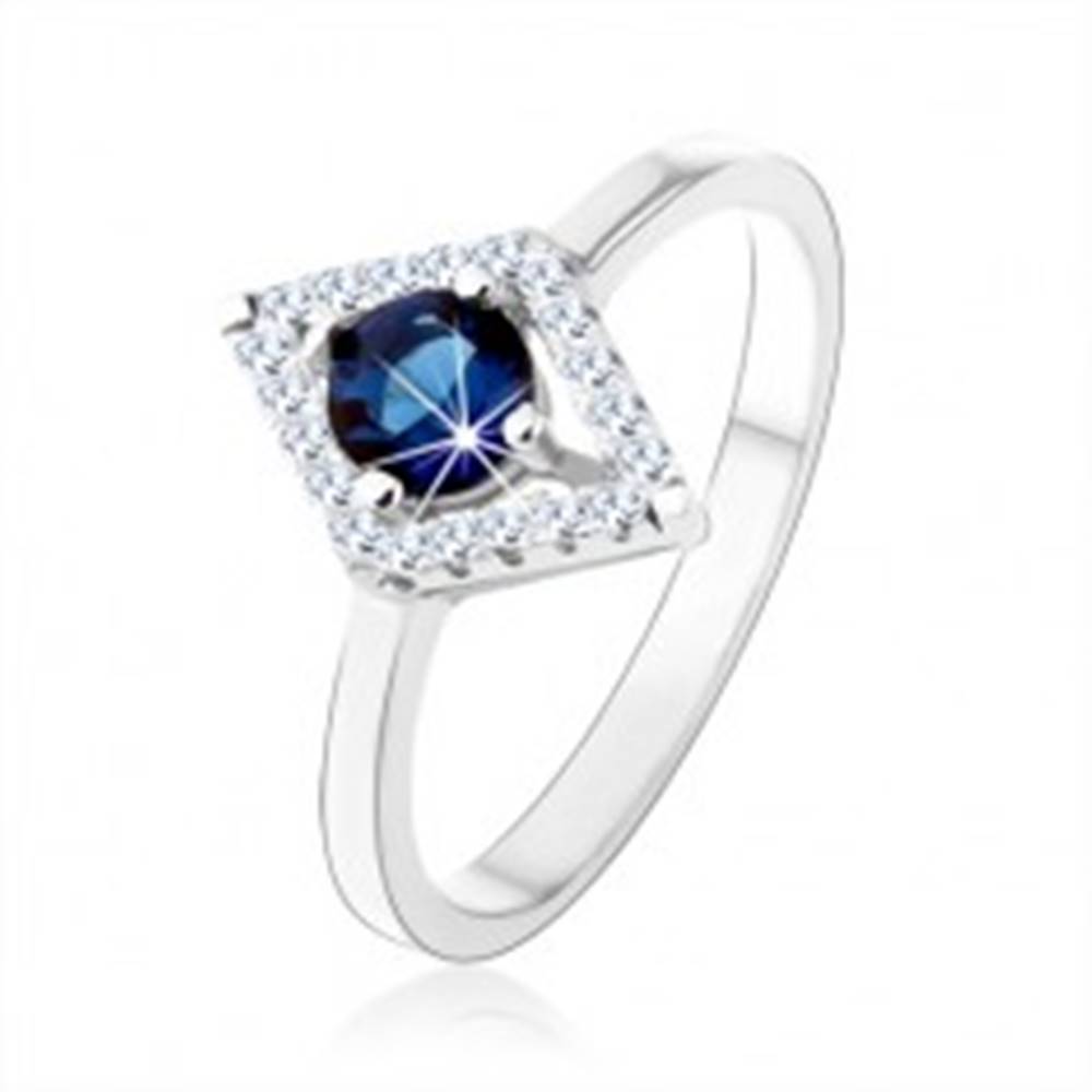 Šperky eshop Prsteň zo striebra 925, obrys kosoštvorca, modrý okrúhly zirkón - Veľkosť: 50 mm