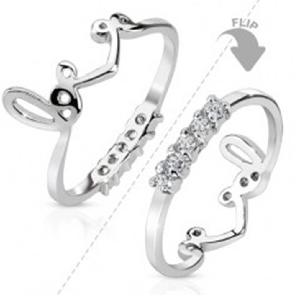 Šperky eshop Ródiovaný prsteň striebornej farby, obojstranný, línia čírych zirkónov, nápis "love" - Veľkosť: 44 mm