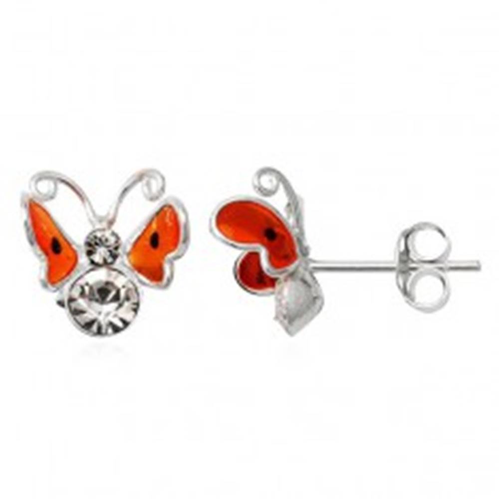 Šperky eshop Strieborné náušnice 925 - 3D oranžový motýľ, čierne bodky