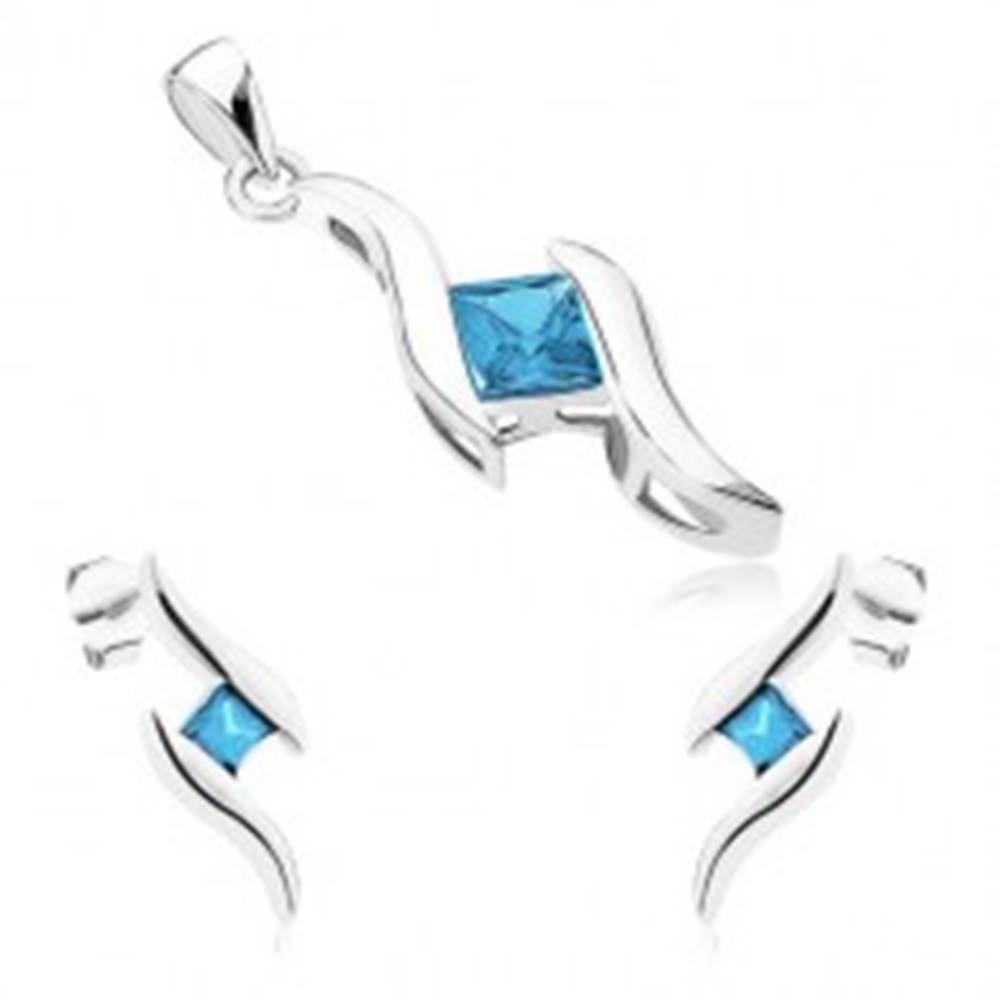 Šperky eshop Strieborný set 925 - prívesok a náušnice, dve lesklé vlnky, modrý zirkónový štvorček