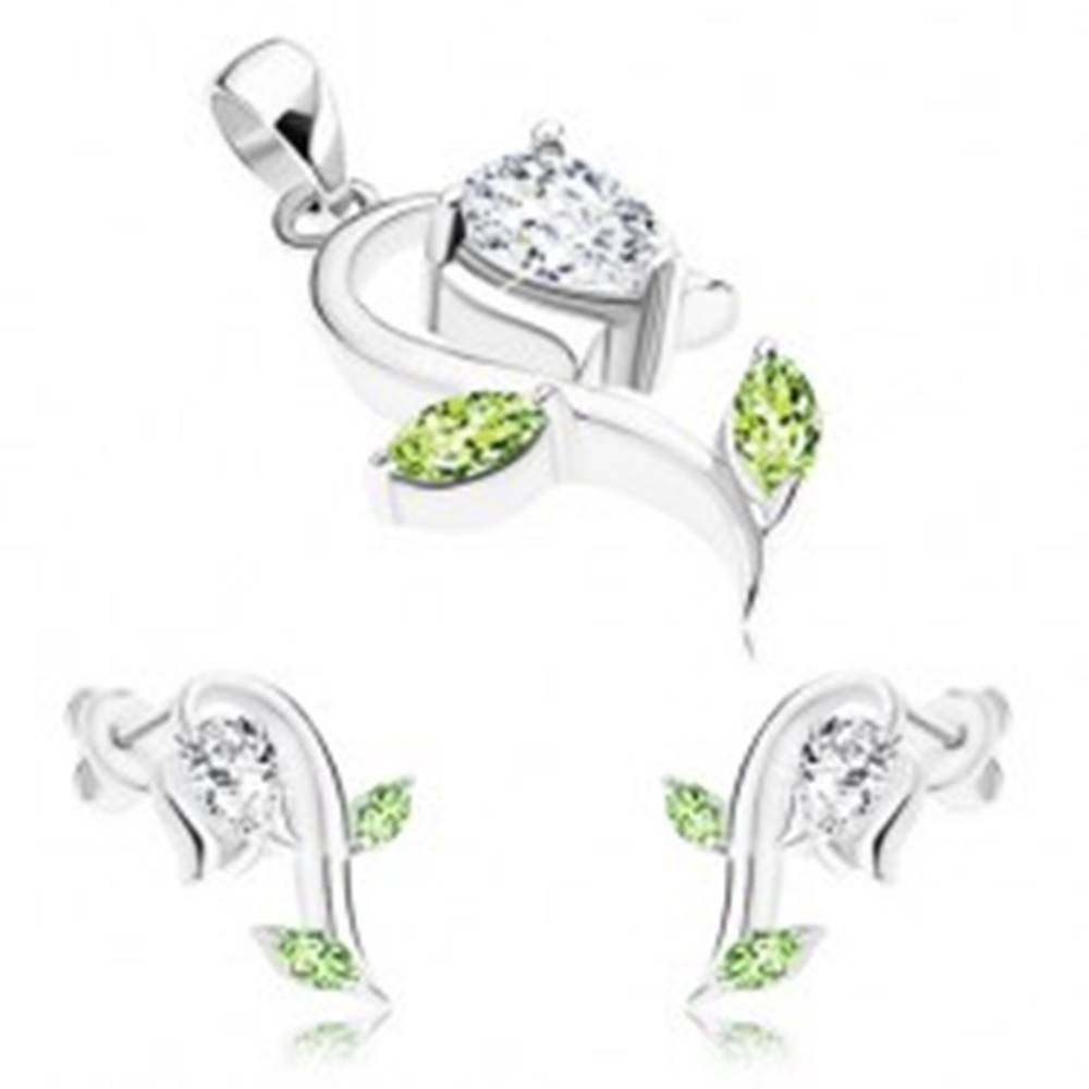 Šperky eshop Strieborný set 925, prívesok a náušnice, snežienka, číre a zelené zirkóny