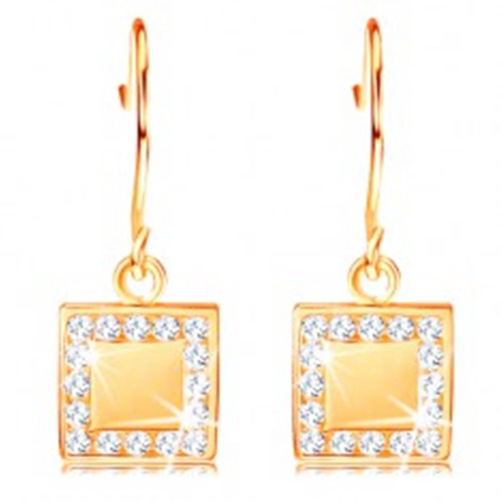 Šperky eshop Zlaté diamantové náušnice 585 - plochý štvorec s čírymi briliantmi po obvode