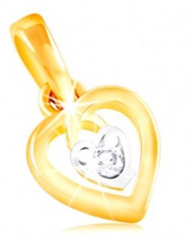 Prívesok zo 14K zlata - kontúra srdca a malé srdiečko s čírym zirkónom v strede