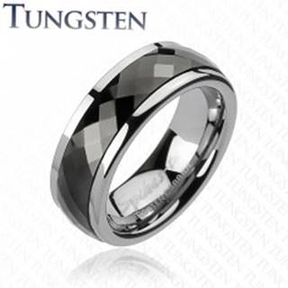 Wolfrámový prsteň s otáčavým stredom - čierne kosoštvorce - Veľkosť: 49 mm