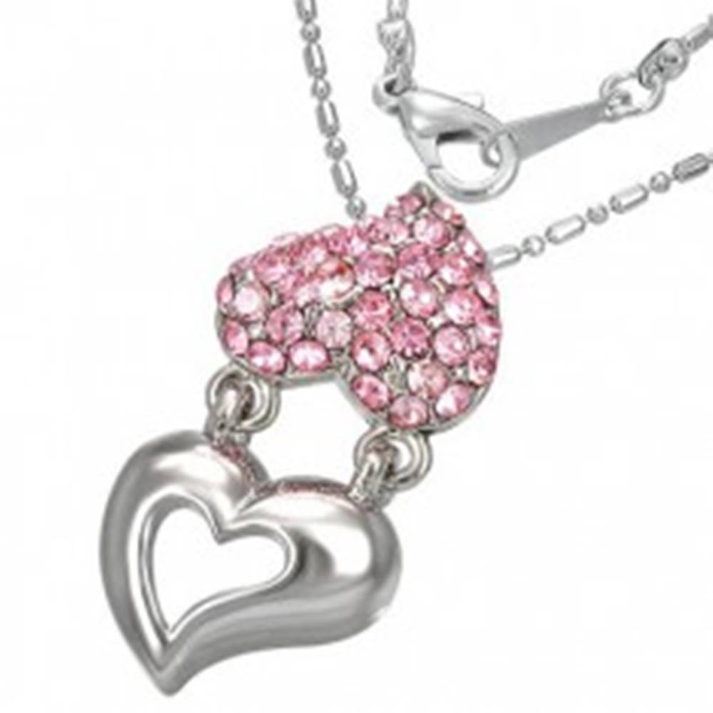 Šperky eshop Náhrdelník - držiace sa kovové a zirkónové srdcia, ružové zirkóny