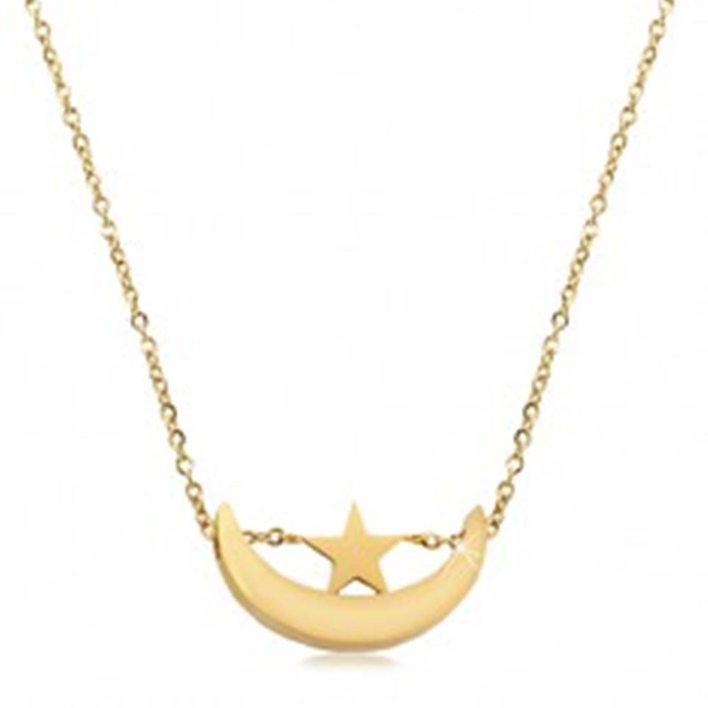 Šperky eshop Náhrdelník v zlatom odtieni, chirurgická oceľ, lesklý cíp mesiaca a hviezdička