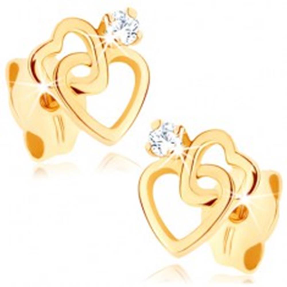 Šperky eshop Náušnice zo žltého 9K zlata - dve tenké srdcové kontúry, zirkónik čírej farby