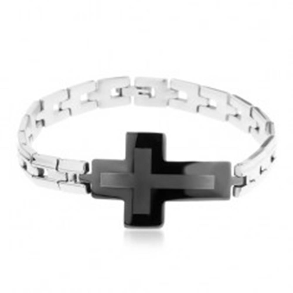 Šperky eshop Oceľový náramok striebornej farby, lesklé články a veľký sivo-čierny kríž