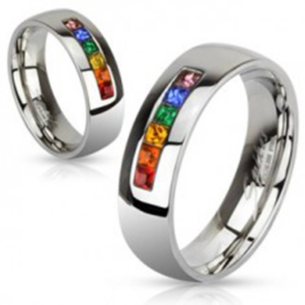 Šperky eshop Oceľový prsteň s rôznofarebnými zirkónmi - Veľkosť: 49 mm