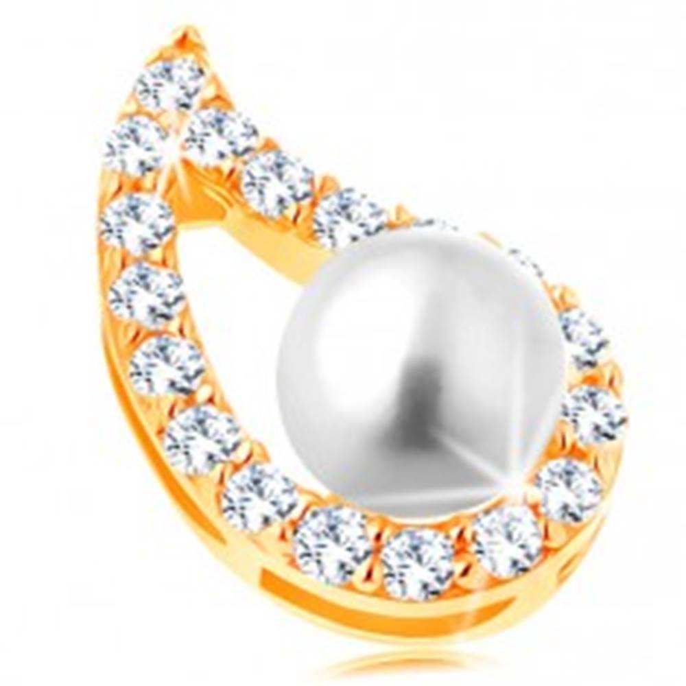 Šperky eshop Prívesok v žltom 14K zlate - asymetrický obrys kvapky, číre zirkóny, perla