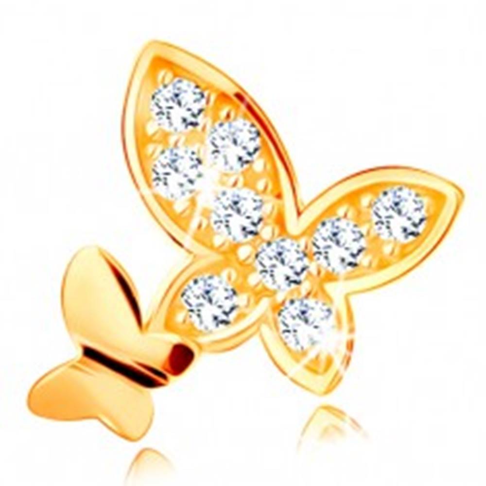 Šperky eshop Prívesok v žltom 14K zlate - dva motýle - hladký a vykladaný zirkónmi