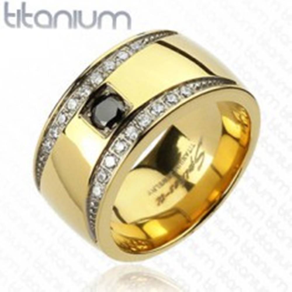 Šperky eshop Prsteň z titánu zlatej farby so zirkónovými polmesiacmi - Veľkosť: 59 mm