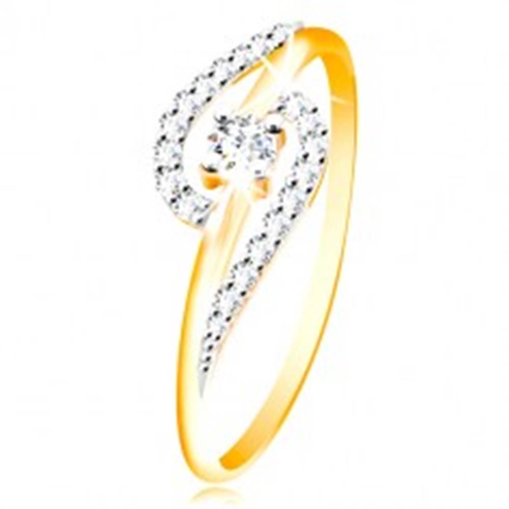 Šperky eshop Prsteň zo 14K zlata - číre zirkónové oblúky, väčší okrúhly zirkón uprostred - Veľkosť: 48 mm