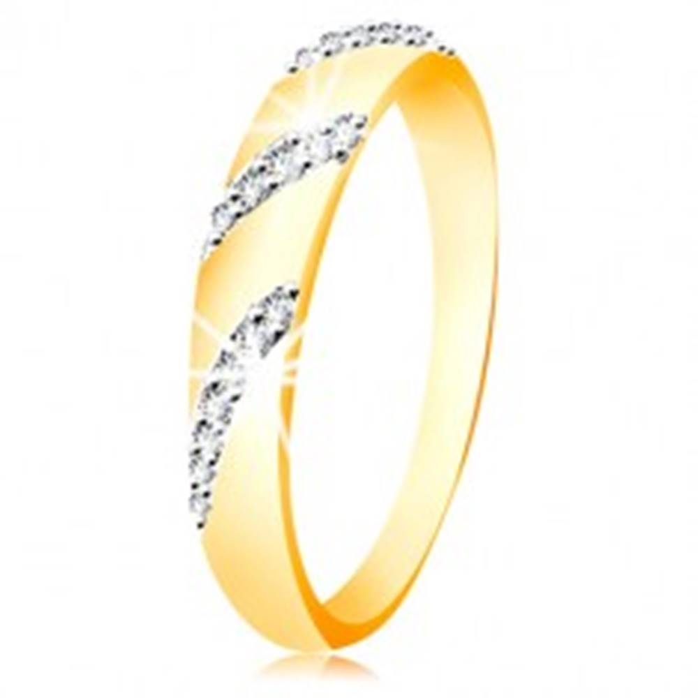 Šperky eshop Prsteň zo 14K zlata so zaobleným povrchom a šikmými líniami zirkónov - Veľkosť: 49 mm