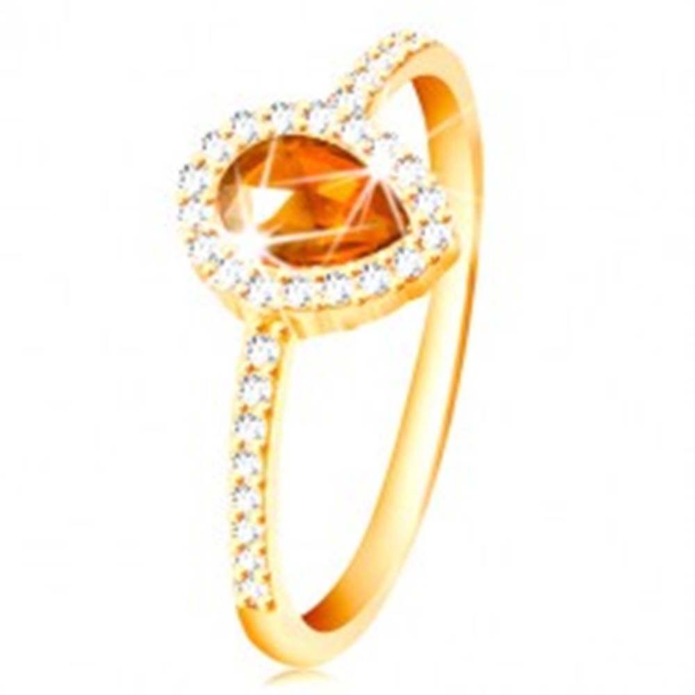 Šperky eshop Prsteň zo žltého 14K zlata, kvapka oranžovej farby s čírym zirkónovým lemom - Veľkosť: 49 mm