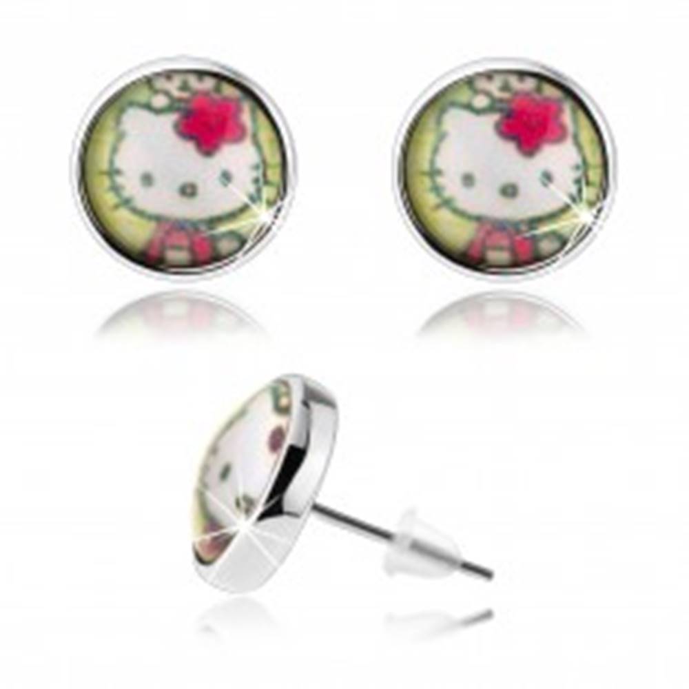 Šperky eshop Puzetové náušnice v štýle cabochon, vypuklé sklo, Hello Kitty, zelené pozadie