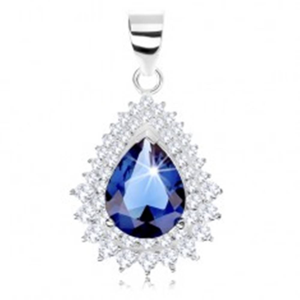 Šperky eshop Strieborný prívesok 925, modrý zirkón - kvapka, číry zirkónový lem