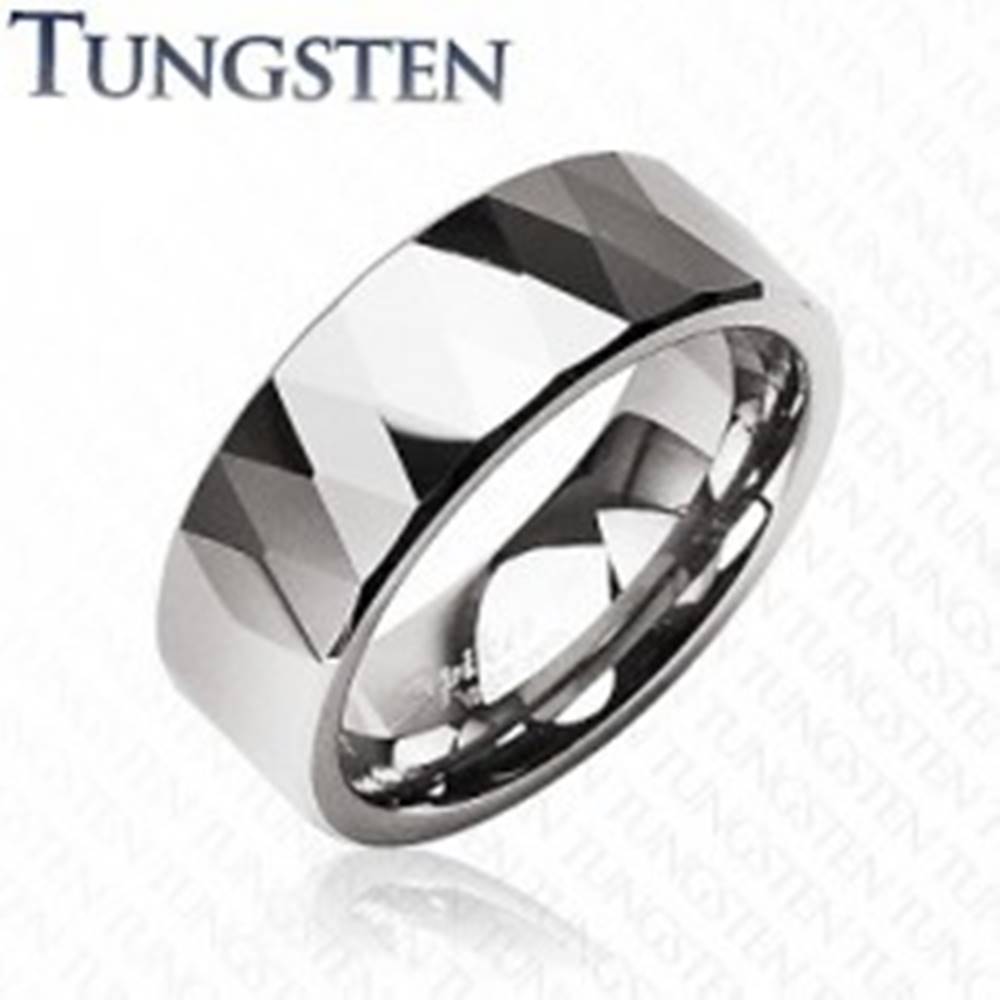 Šperky eshop Tungstenový prsteň - lesklé kosoštovrce a trojuholníky, strieborná farba - Veľkosť: 49 mm