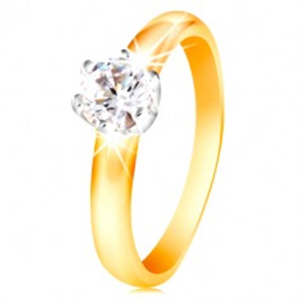 Šperky eshop Zlatý 14K dvojfarebný prsteň - číry zirkón v šesťcípom kotlíku, vypuklé ramená - Veľkosť: 48 mm