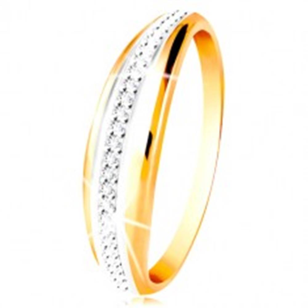 Šperky eshop Zlatý 14K prsteň - vypuklý pás s líniou bieleho zlata a čírych zirkónov - Veľkosť: 49 mm