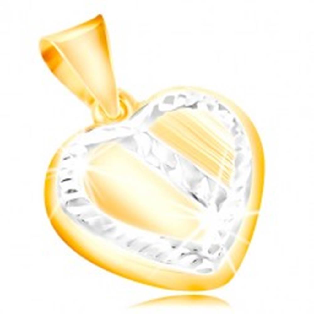 Šperky eshop Zlatý prívesok 14K - srdce s lemom a šikmým pásom z bieleho zlata, zárezy