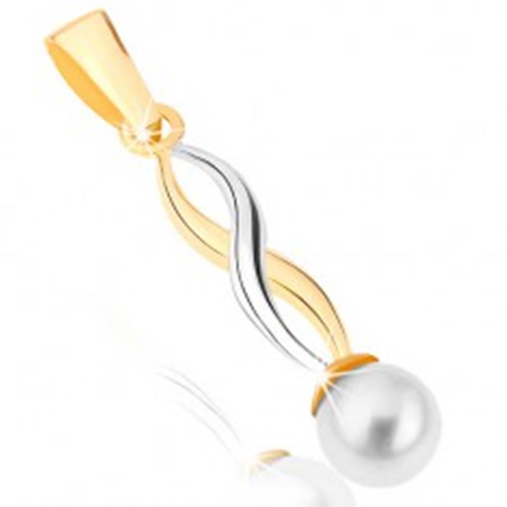 Šperky eshop Zlatý prívesok 375 - lesklé dvojfarebné vlnky, guľatá perla bielej farby