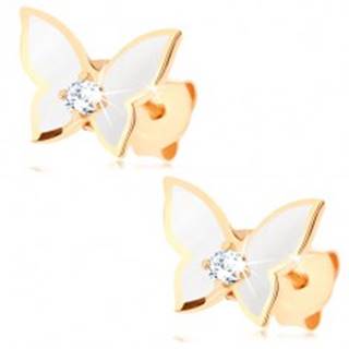 Náušnice zo zlata 375 - malý motýlik, krídla pokryté bielou glazúrou, číry zirkón