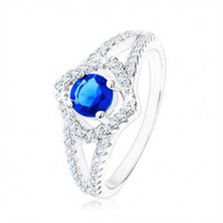 Strieborný prsteň 925, rozdvojené ramená, obrys štvorca, modrý zirkón - Veľkosť: 49 mm