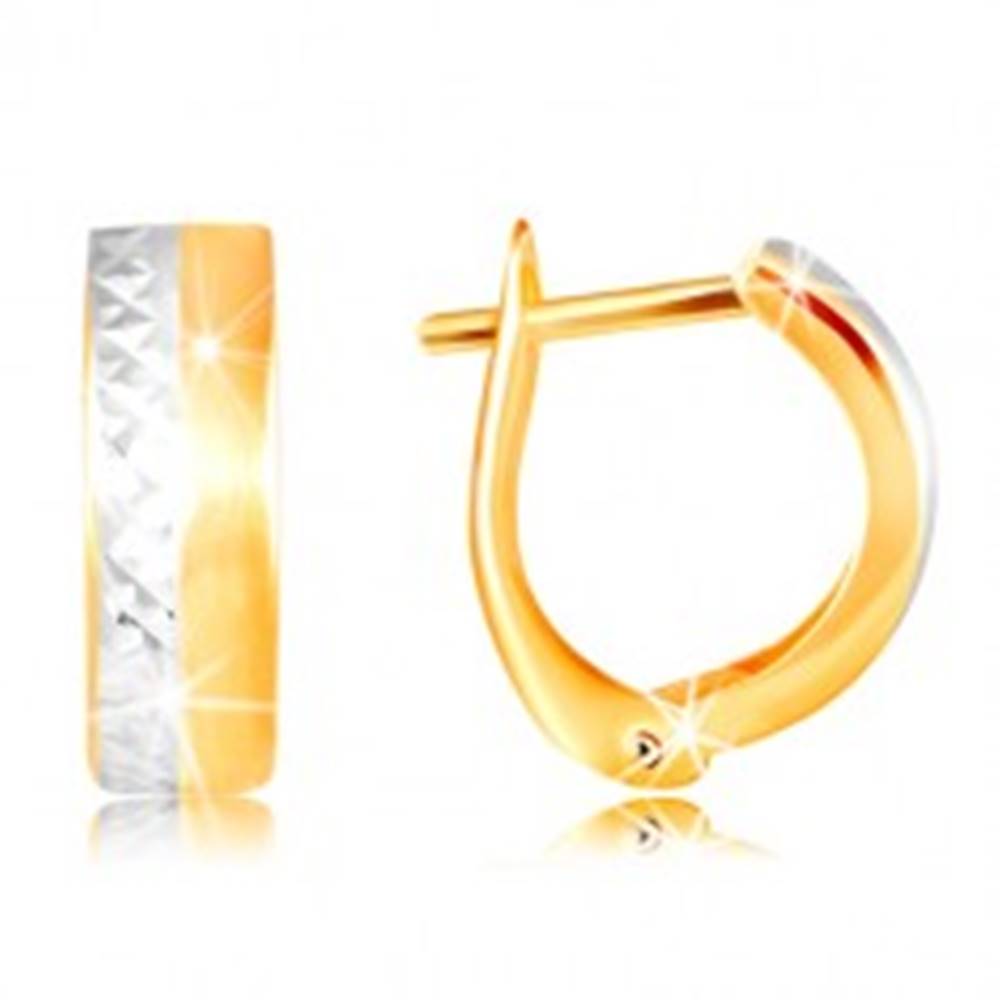 Šperky eshop Náušnice zo 14K zlata - hladký matný pás žltej farby, brúsená línia z bieleho zlata